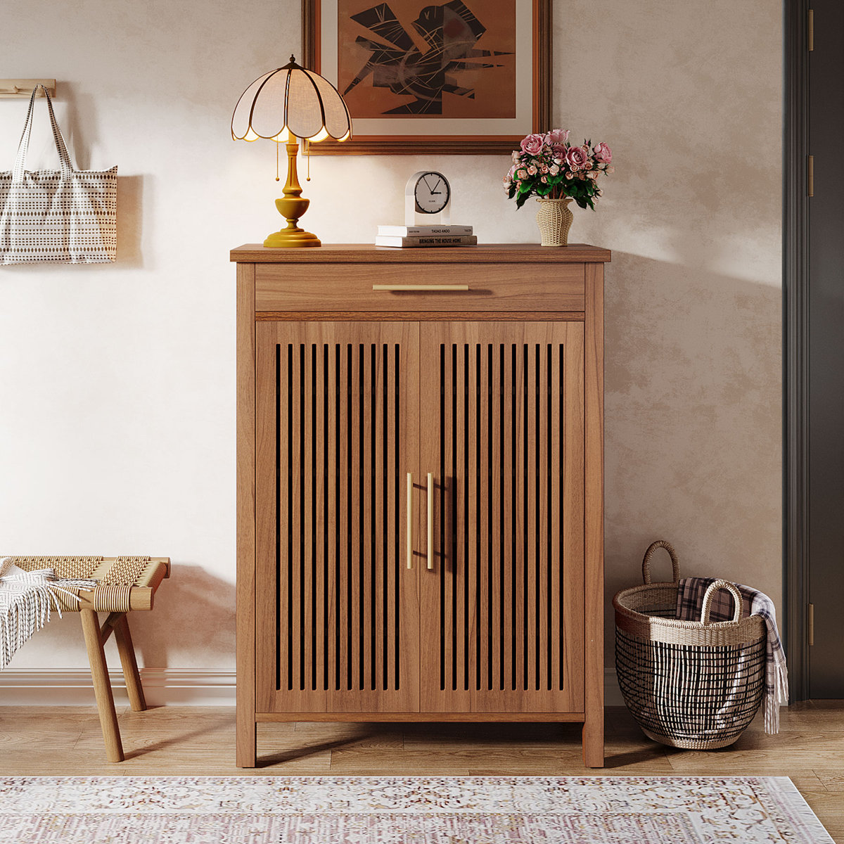 Ishpreet 5-Tier Shoe Storage Cabinet With Doors And Drawer, Wooden Shoe Rack Organizer